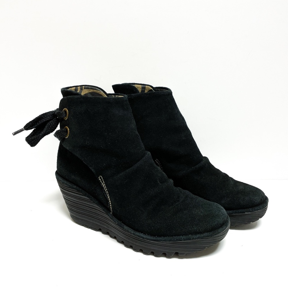 Fly London Yama Black Suede Wedge Back Lace Ankle Boots